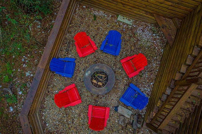 Overhead view of firepit with chairs.